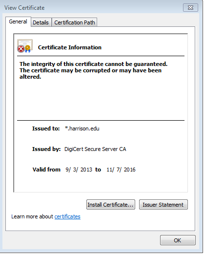 Image of certificate details showing error